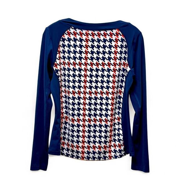 Red and Blue Raglan 3/4 Zip Blouse with Graphic Design - Picture 7 of 14
